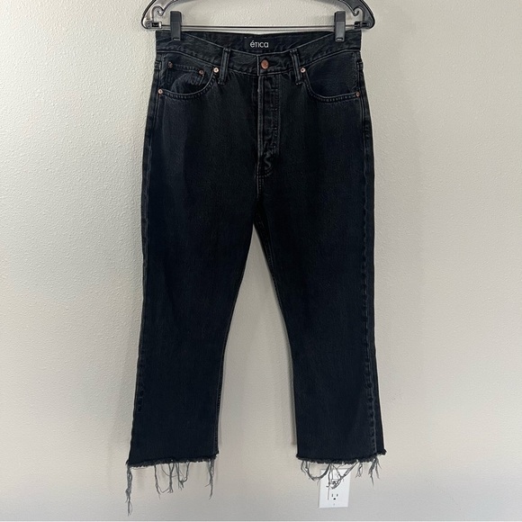 Etica Josie High Waist Raw Hem Flare Jean Obsidian Black Denim Casual Women’s 29 - Picture 3 of 10